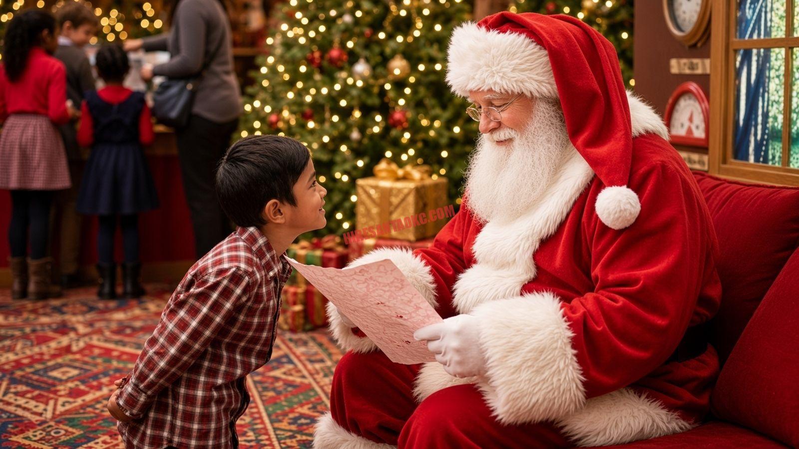 Santa services in Oklahoma City: Santa reading a letter with a child on a red sofa by the tree.